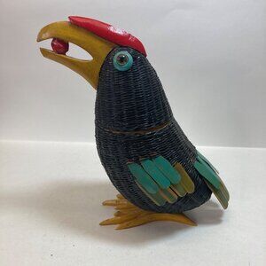 Handcrafted Woven Toucan ? Bird Figurine Basket Red Beak Green Wings Vintage